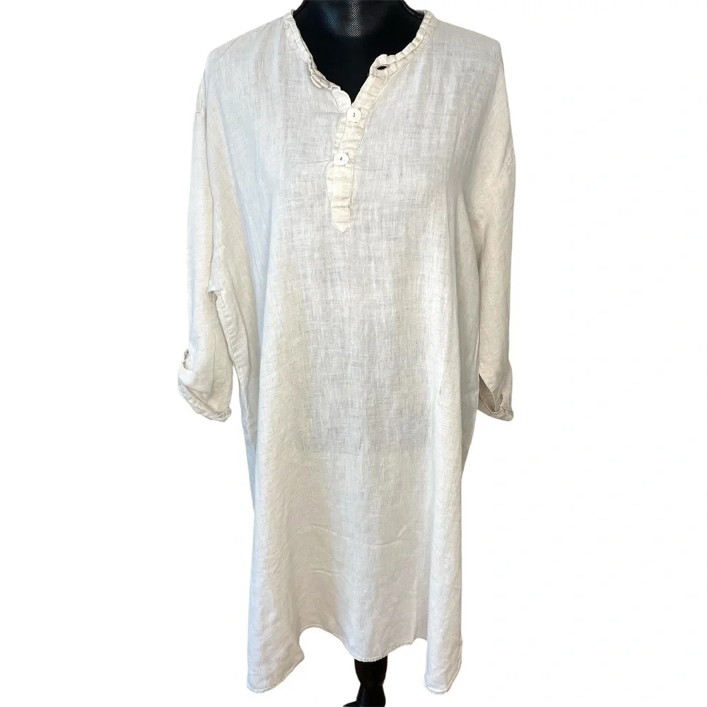 Flax Dress Linen Shirt Long Tunic Lagenlook Minimalist Beige Size Small - Picture 1 of 9